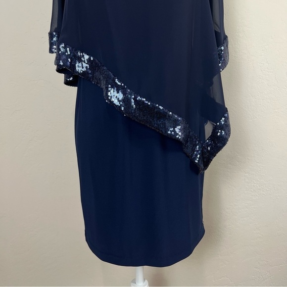 Xscape Blue Asymmetric Sheer Sequin Trim Overlay Sheath Dress Size 2 Petite - Picture 3 of 10